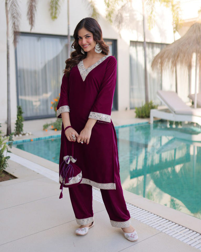 Wine Color Ice Velvet Embroidered Plazzo Suit