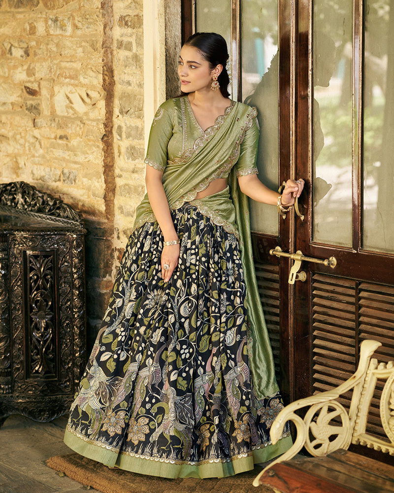 Black Color Tussar Silk Kalamkari Printed Lehenga Choli