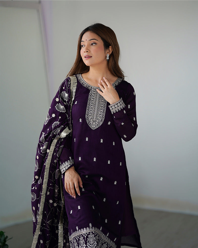 Purple Color Rangoli Silk Three Piece Kurti Suit