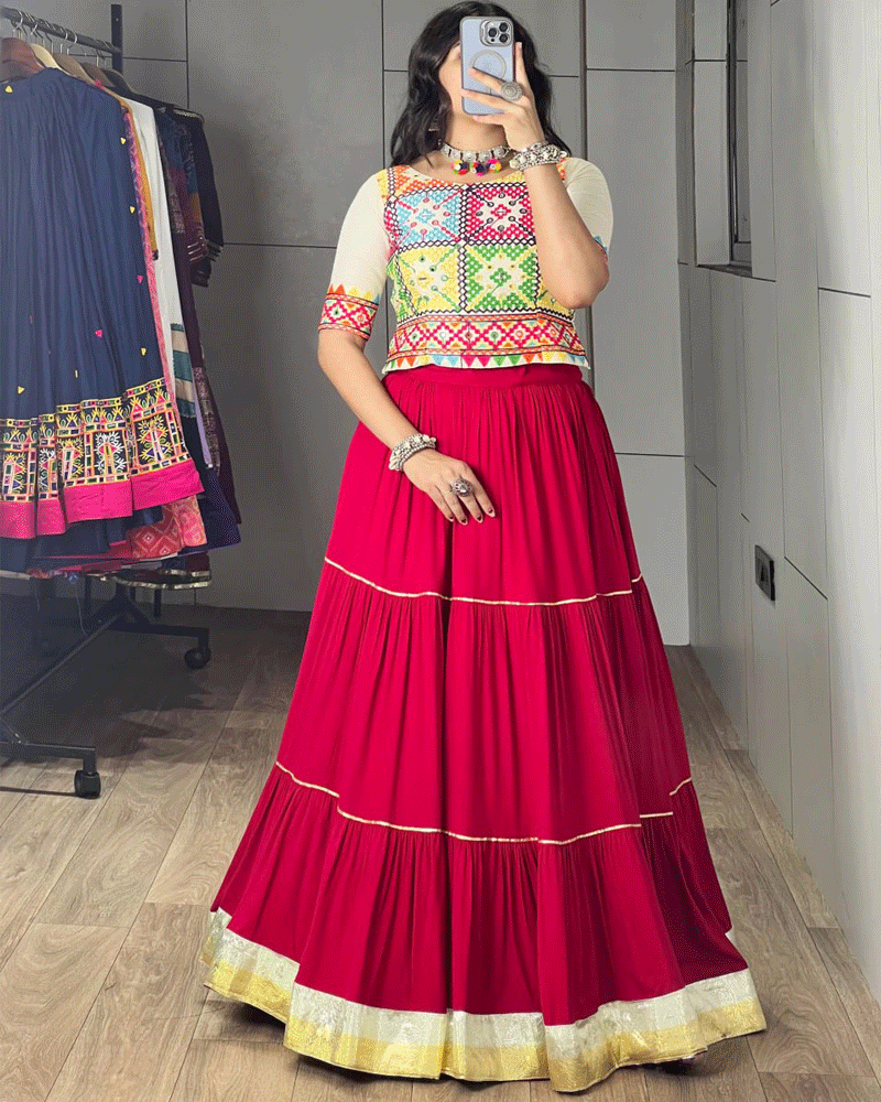 White And Gajari Pink Color Rayon cotton Navratri Lehenga Set