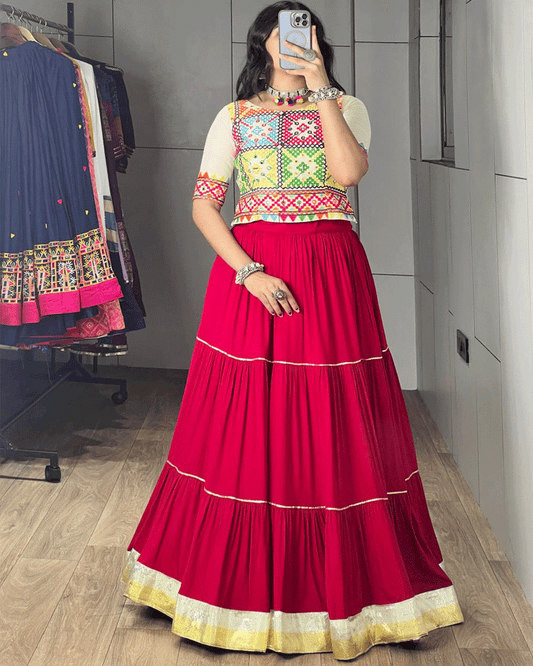 White And Gajari Pink Color Rayon cotton Navratri Lehenga Set