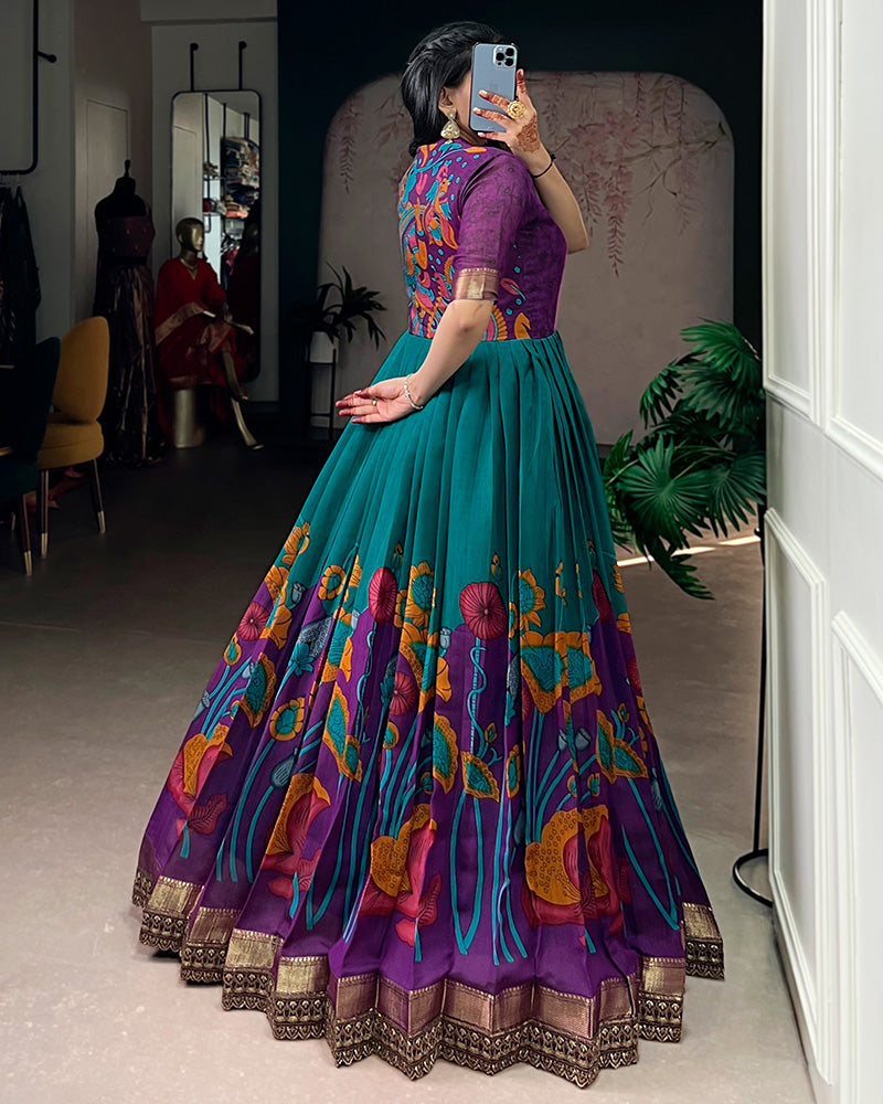 Teal Green Color Viscose Chanderi Floral Printed Gown