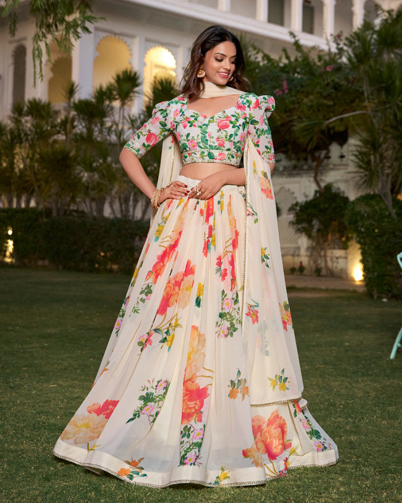 Cream Color Georgette Floral Printed Lehenga Choli