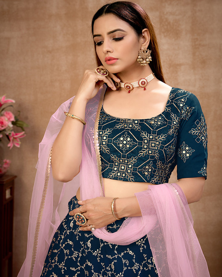 Navy Blue Color Georgette Semi Stitched Lehenga Choli