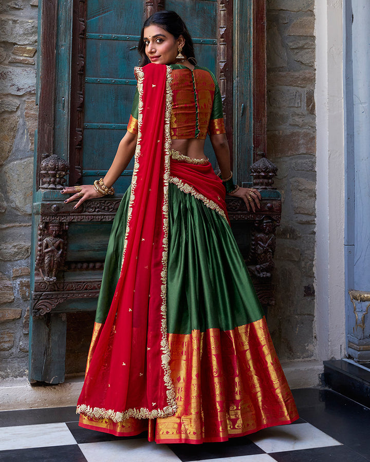 Green Color Narayan Pattu Silk Designer Half Saree