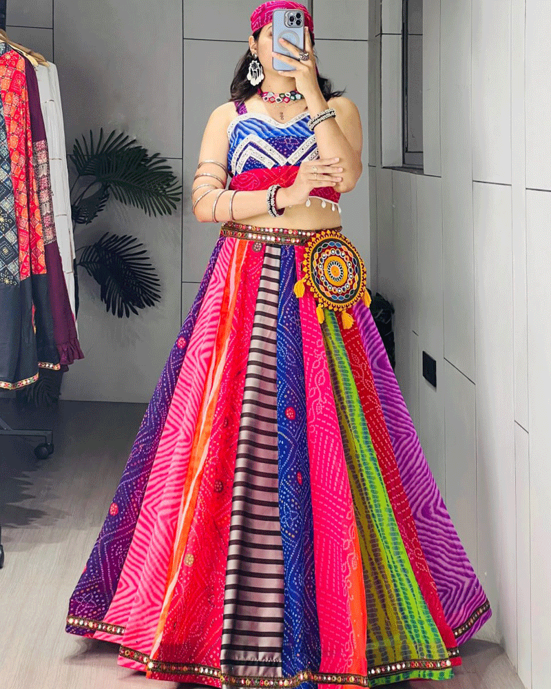 Multi Color Faux Georgette Printed Navratri Lehenga Set