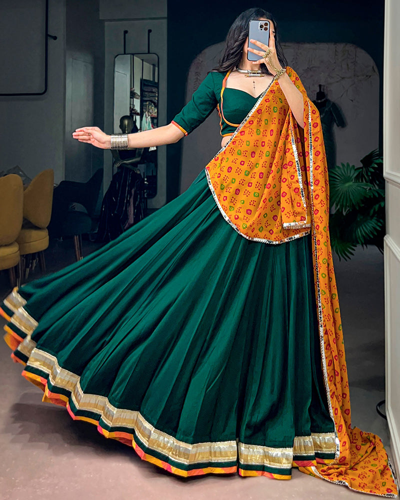 Traditional Green Color Soft Chinon Navratri Lehenga Choli