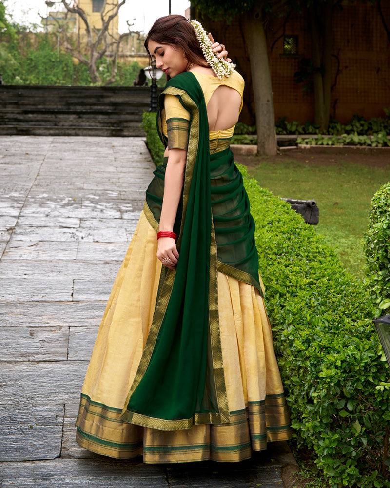 Traditional Green Color Kanchipuram Zari Weaving Half Saree