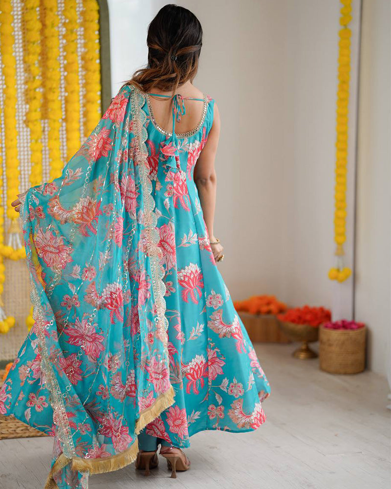 Sky Blue Color Pure Muslin Cotton Three Piece Anarkali Suit