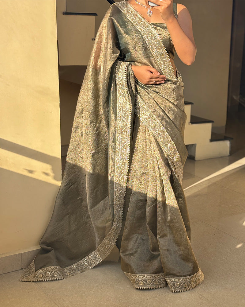 Premium Mehndi Color Tissue Crush Saree