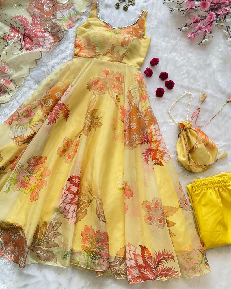Yellow Color Digital Printed Soft Organza Anarkali Suit