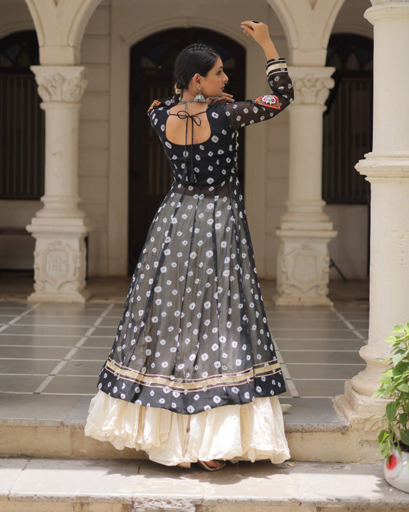 Black Color Bandhani Print Kurti With Kora Cotton Lehenga