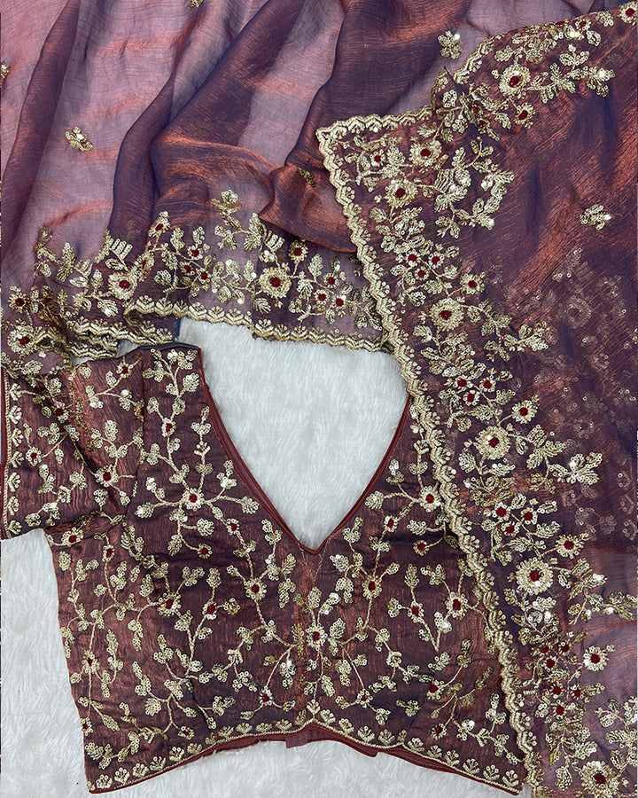 Dusty Mauve Color Fendi Chiffon Sequence Embroidered Saree