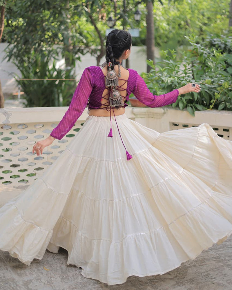 Purple Color Laheriya Print Kurti With Kora Cotton Lehenga