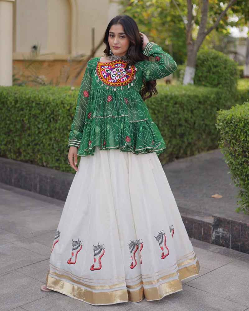Green Color Bandhani Printed With Kora Cotton Lehenga