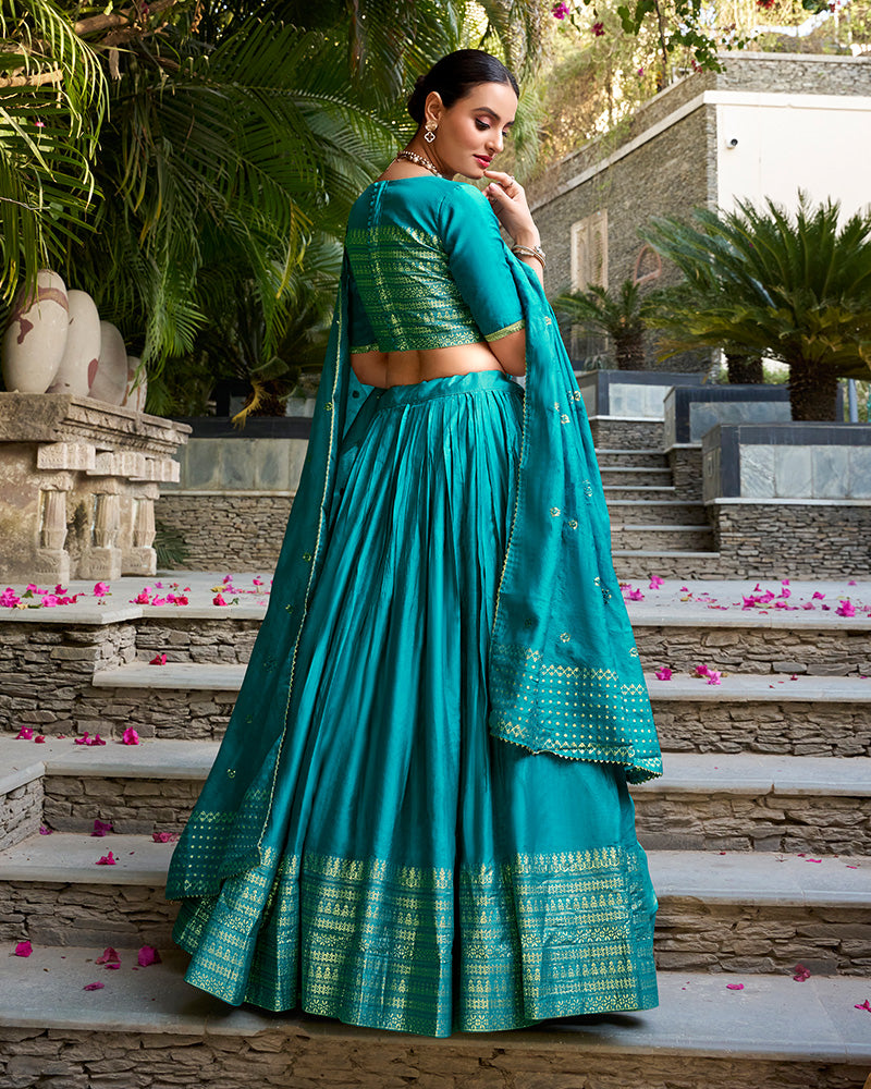 Sky Blue Color Pure Chanderi Plain Navratri Half Saree