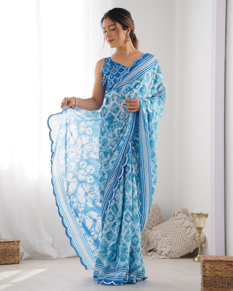 Sky Blue Color Chinnon Silk Saree