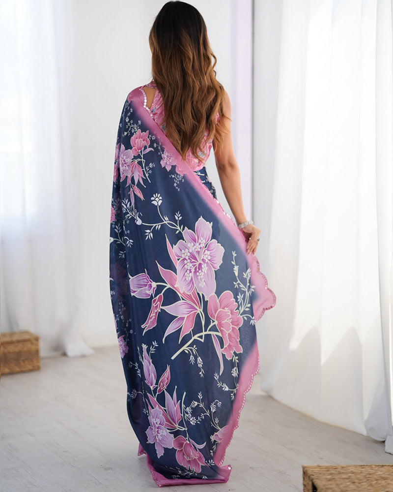 Navy Blue Color Chinnon Silk Digital Printed Saree