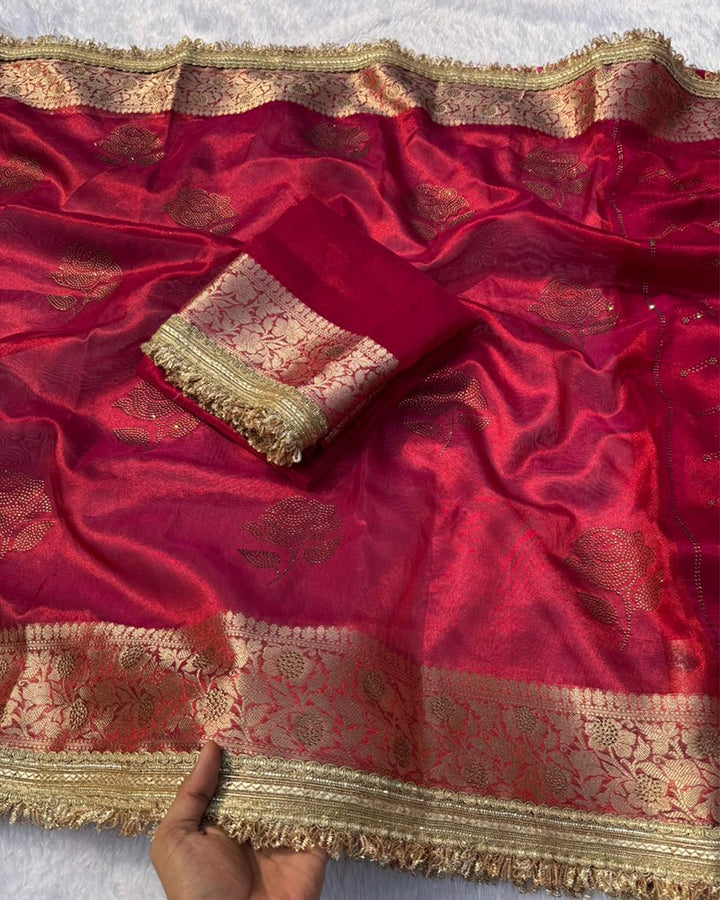Premium Red Color Organza Tissue Silk Saree