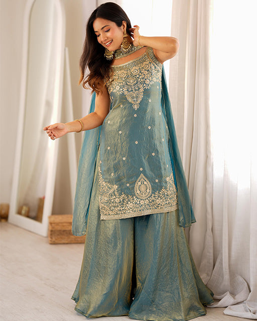 Dusty Blue Color Fendi Silk Embroidered Sharara Suit