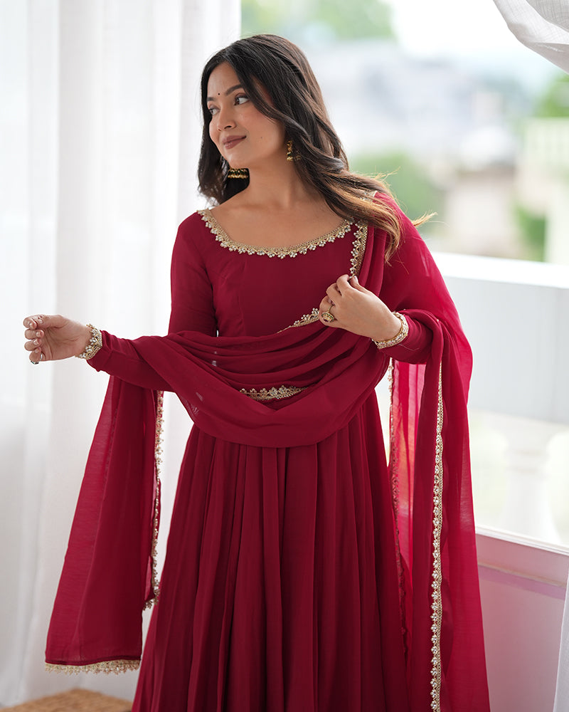 Maroon Color Pure Mal CHanderi Three Piece Anarkali Suit