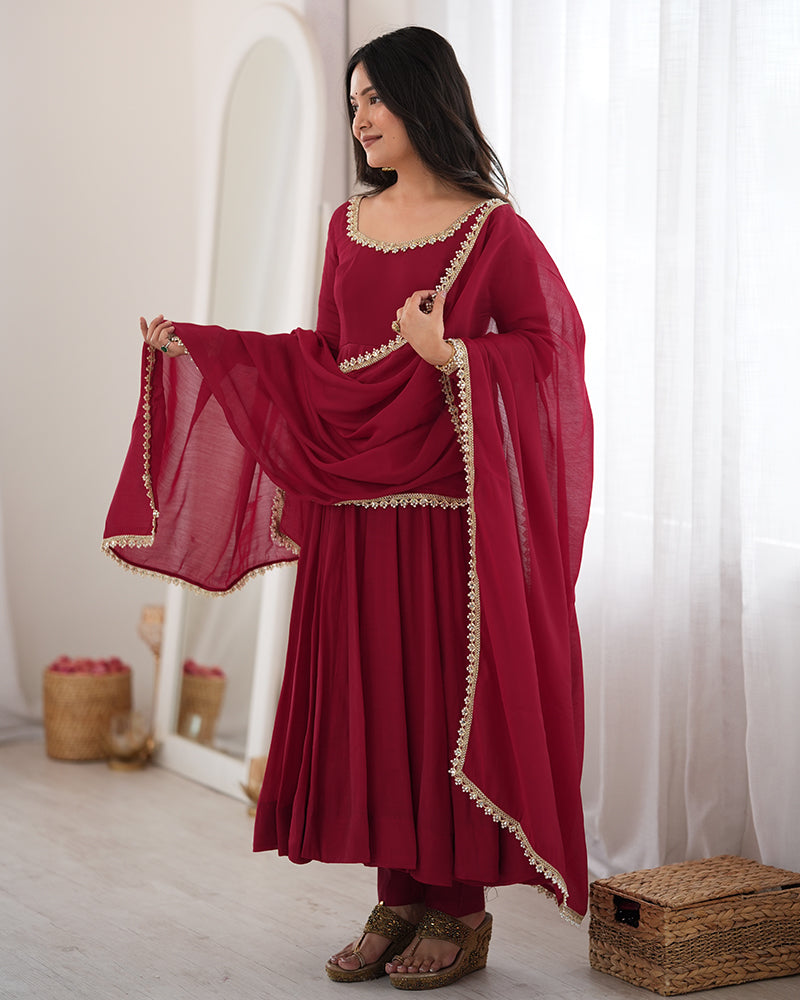 Maroon Color Pure Mal CHanderi Three Piece Anarkali Suit