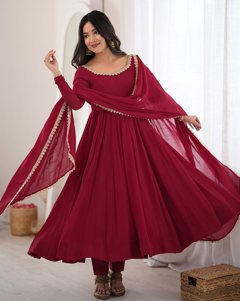 Maroon Color Pure Mal CHanderi Three Piece Anarkali Suit