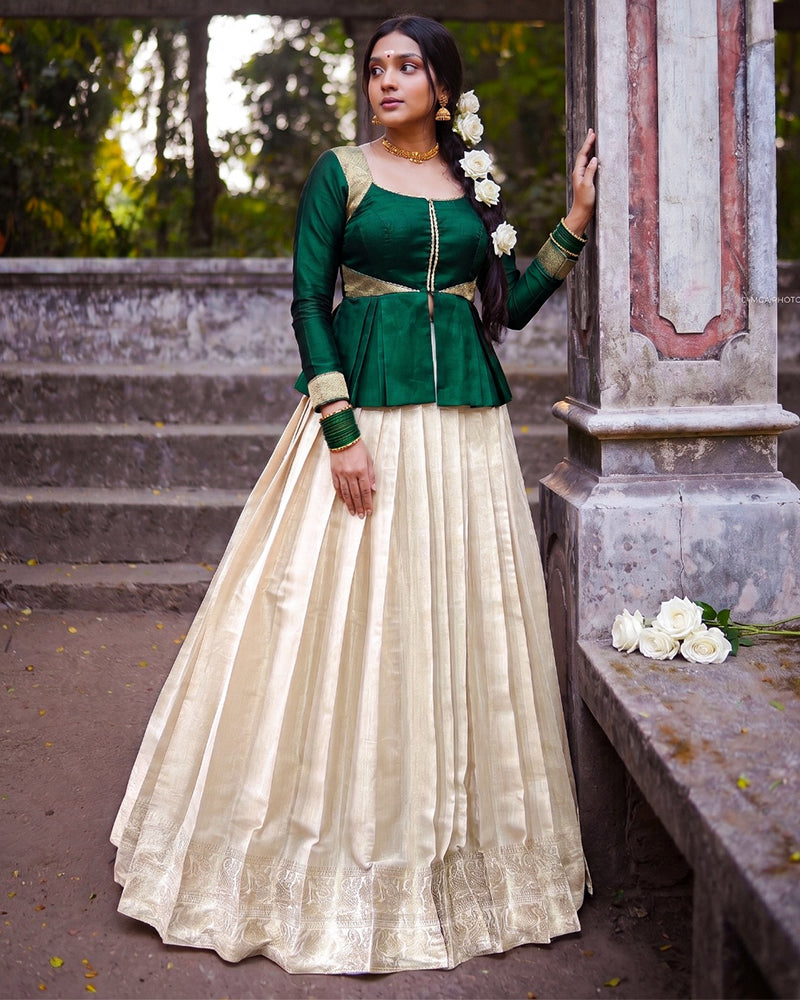 Off White Color Kanchipuram Zari Weaving Lehenga Choli