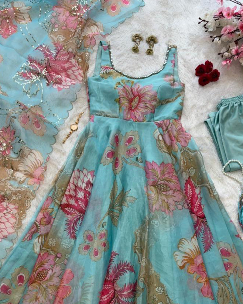 Sky Blue Color Digital Printed Soft Organza Anarkali Suit