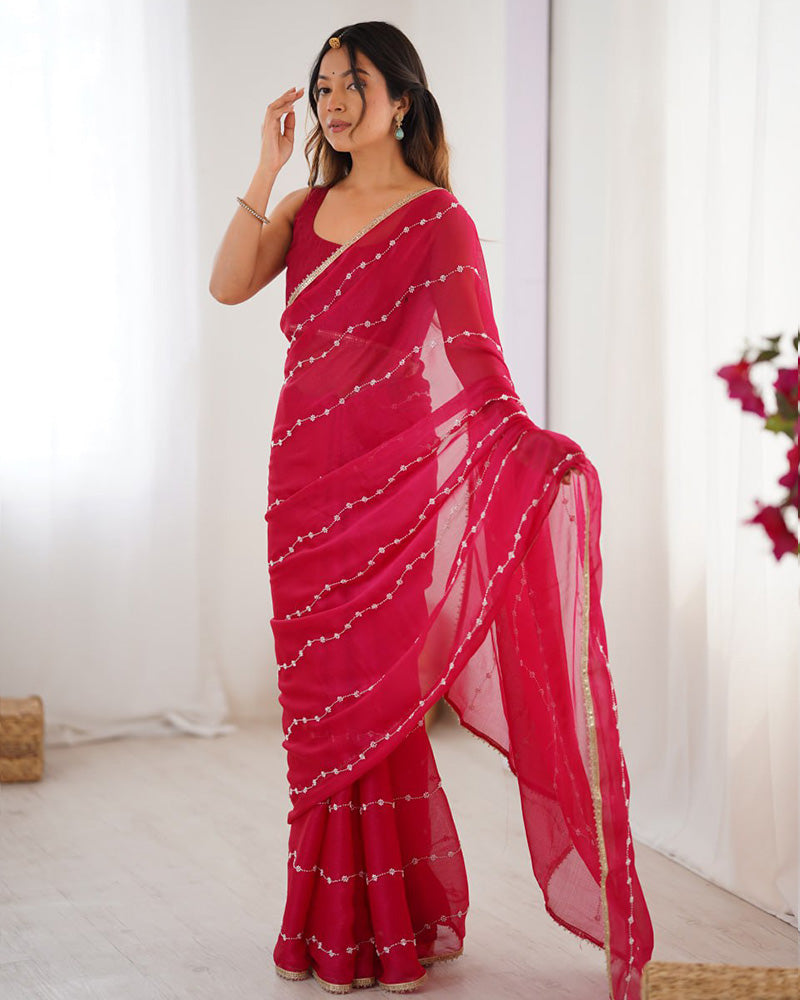 Rani Pink Color Smooth Sitara Embroidered Saree