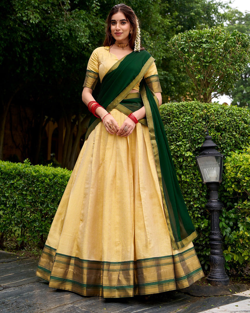 Traditional Green Color Kanchipuram Zari Weaving Half Saree