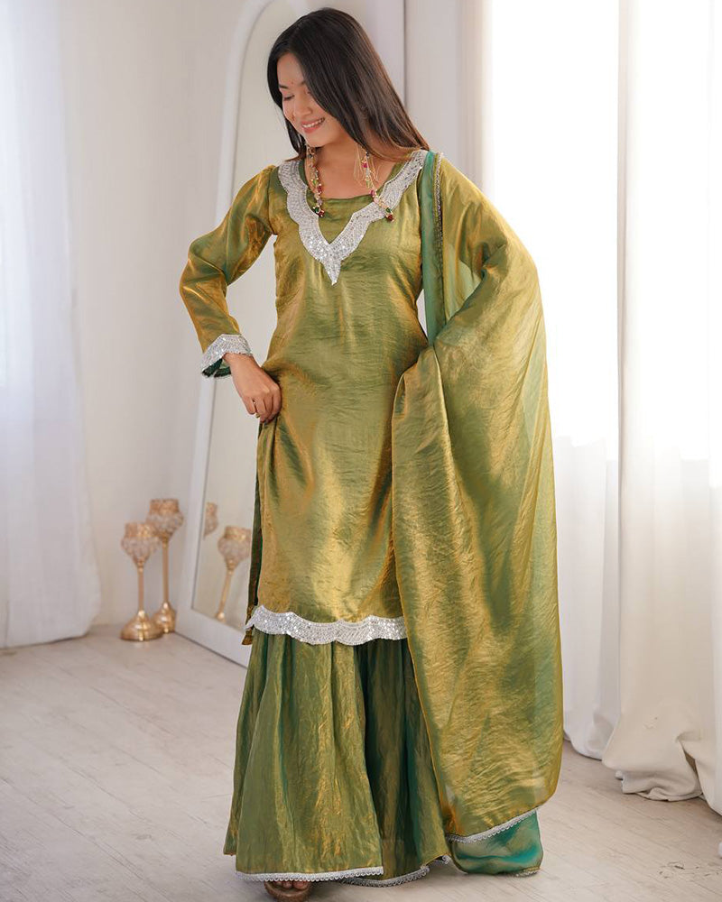 Mehndi Color Fendi Silk Three Piece Plazzo Suit