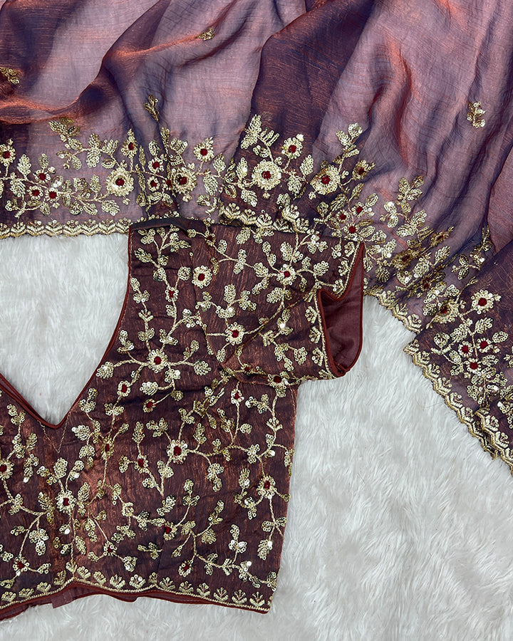 Dusty Mauve Color Fendi Chiffon Sequence Embroidered Saree