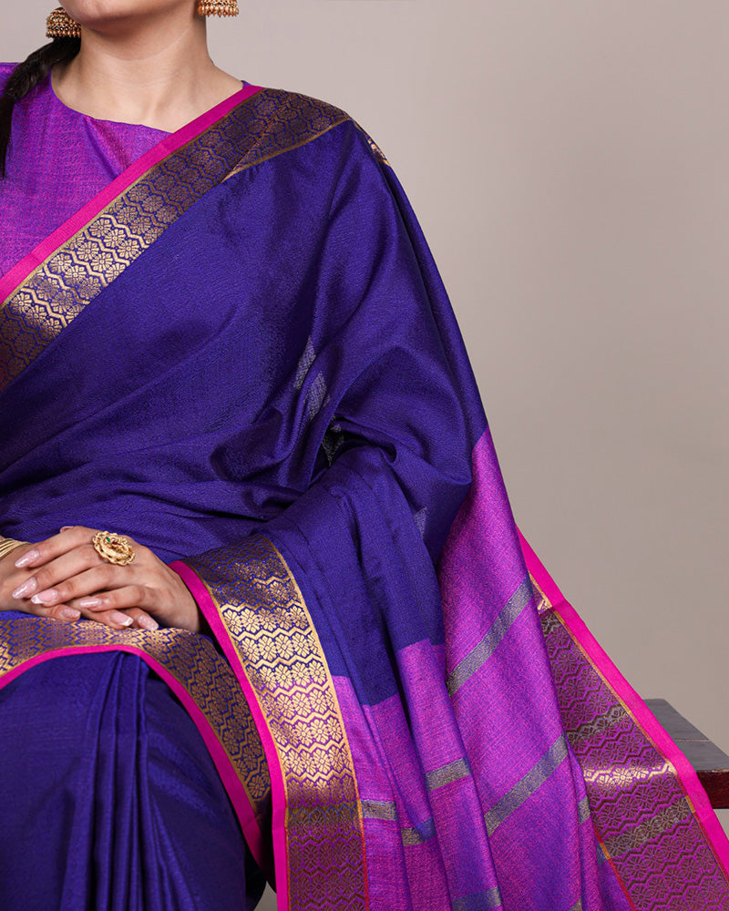 Navy Blue Color Zari Weaving Poly Cotton Saree