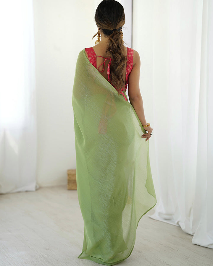 Pista Green Color Sparkle Silk Pre Draped Saree