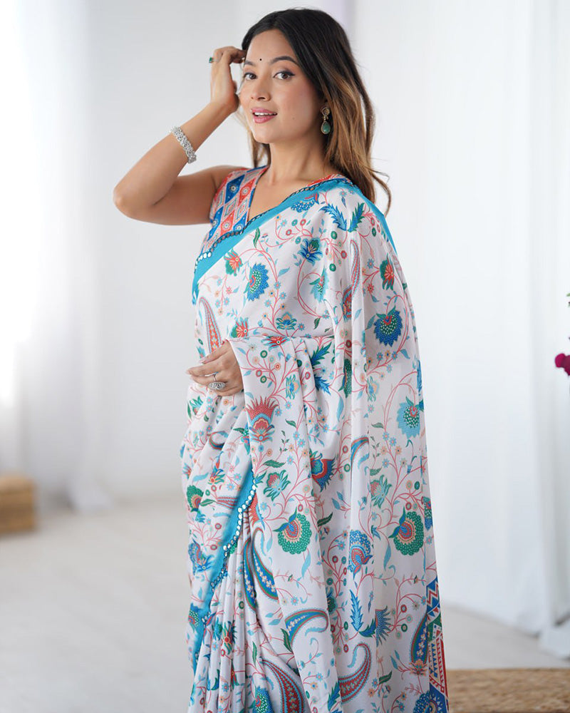 White Color Chinnon Silk Mirror Work Saree