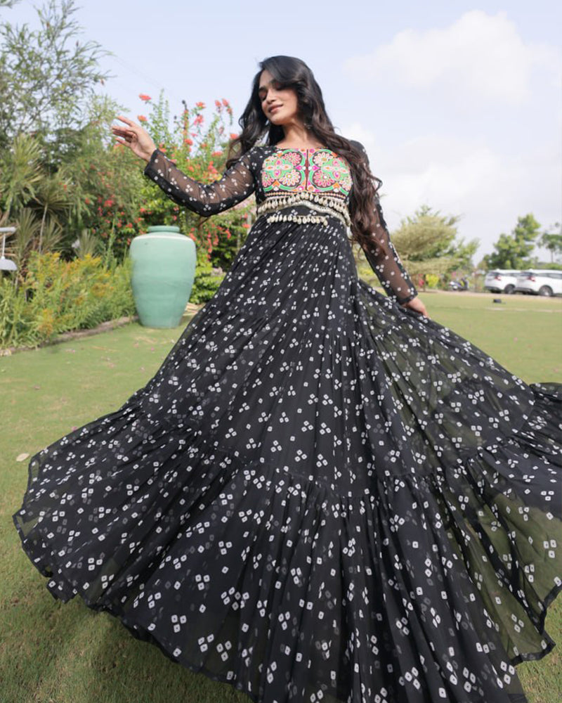 Four Color Georgette Bandhani Print Navratri Gown