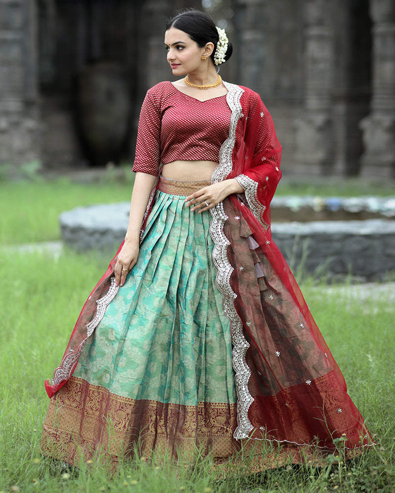 Red Color Kanjivaram Pattu Silk Designer Half Saree