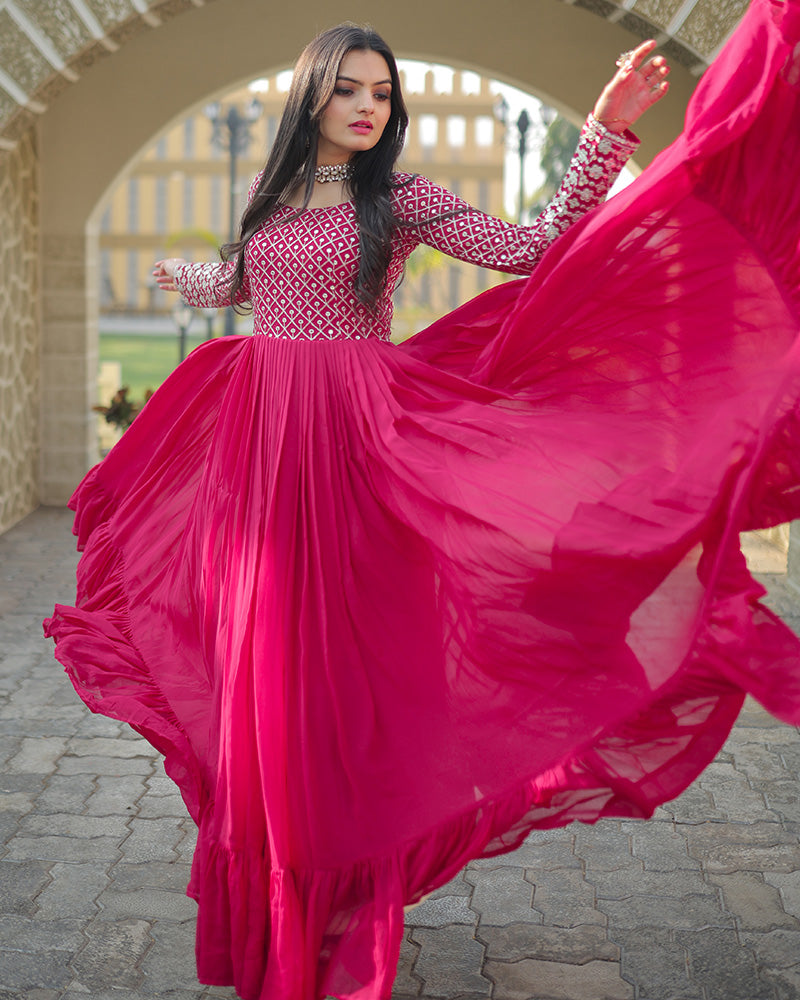 Pink Color Designer Zari Embroidery work Gown
