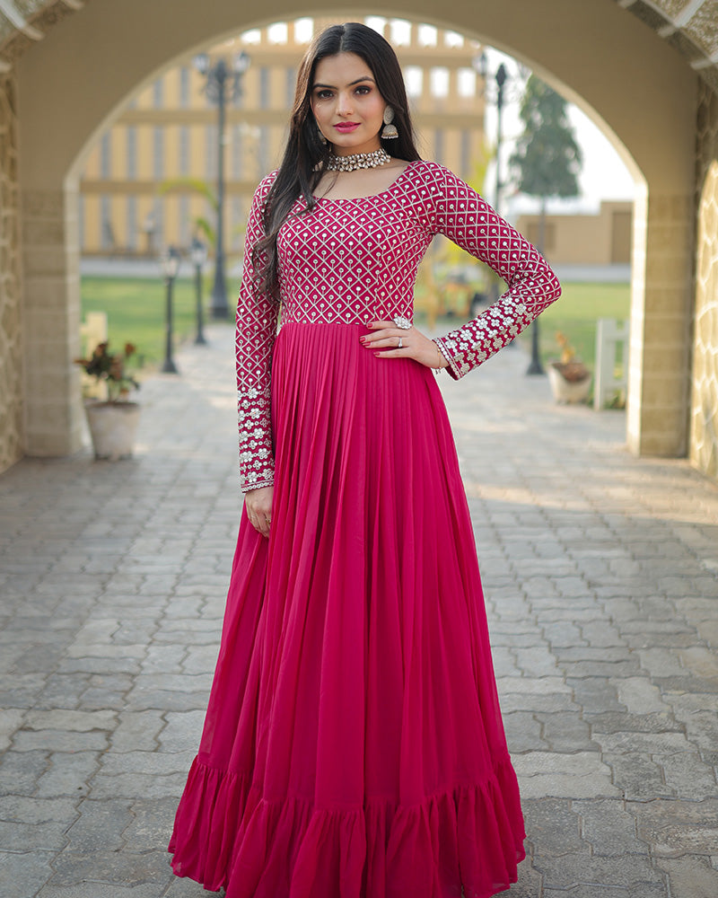 Pink Color Designer Zari Embroidery work Gown