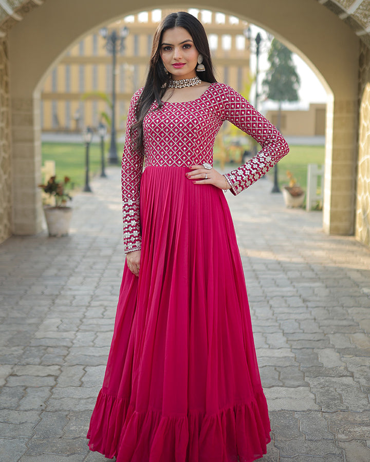 Pink Color Designer Zari Embroidery work Gown