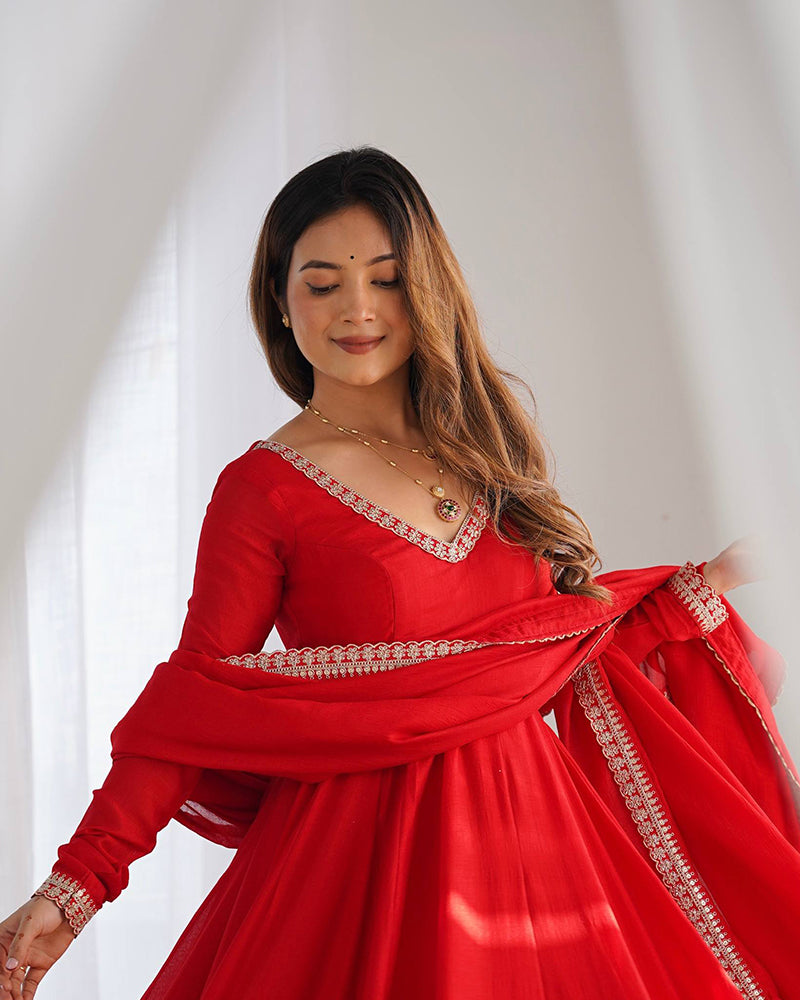 Red Color Blooming Vichitra Silk Anarkali Suit