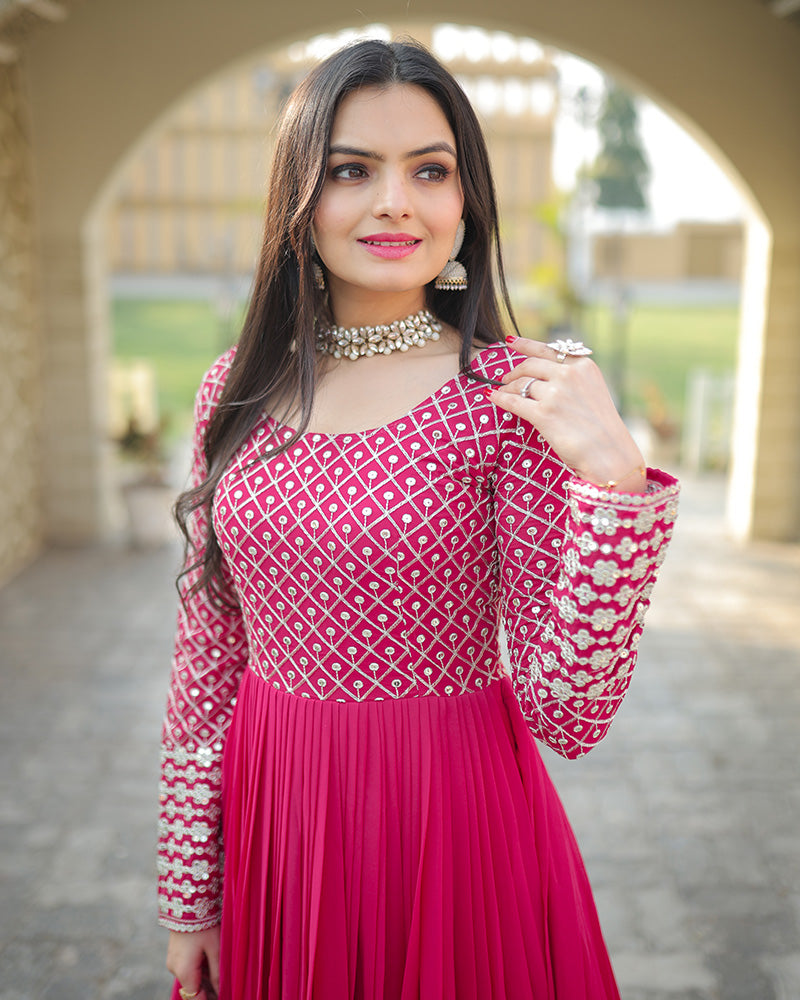 Pink Color Designer Zari Embroidery work Gown