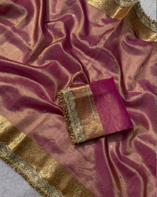 Pink Color Banarasi Tissue Silk Stone Work Saree