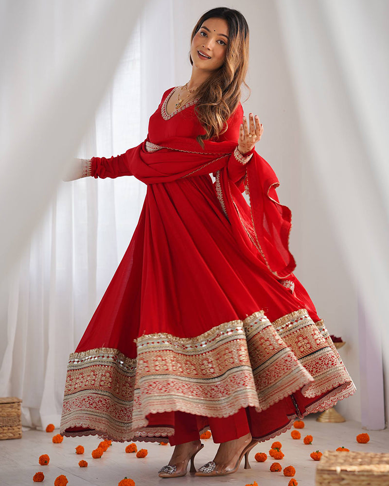Red Color Blooming Vichitra Silk Anarkali Suit