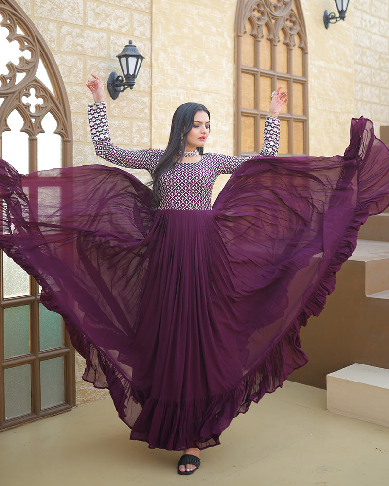 Wine Color Designer Zari Embroidery work Gown