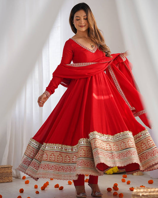 Red Color Blooming Vichitra Silk Anarkali Suit