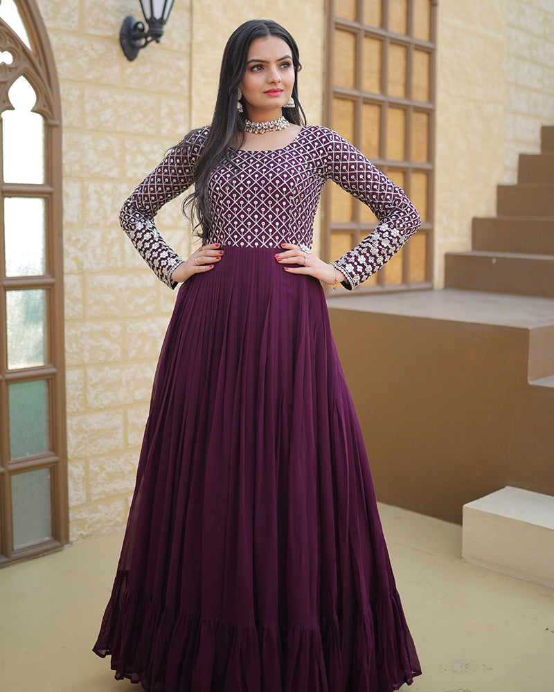Wine Color Designer Zari Embroidery work Gown