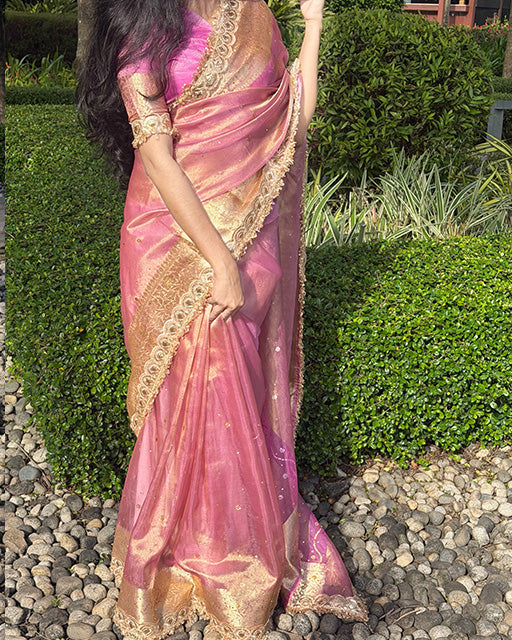 Pink Color Banarasi Tissue Silk Stone Work Saree