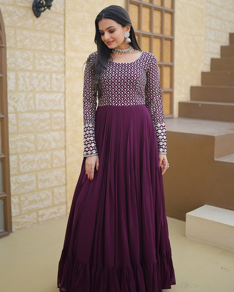 Wine Color Designer Zari Embroidery work Gown